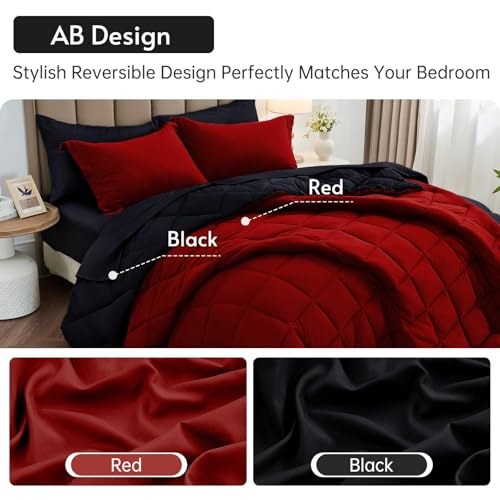 7-Piece Reversible Queen Comforter Set - All Season Bed in a Bag, Red & Black