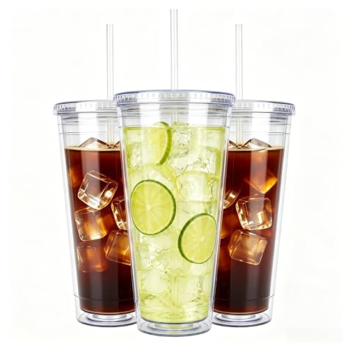 Sursip 3 Pack 32oz Clear Reusable Tumblers with Lids & Straws - Ice Coffee Cups