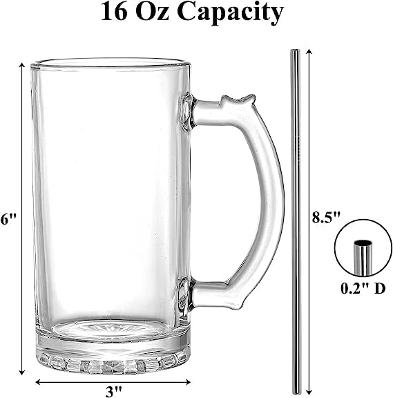 8-Pack 16 Oz Glass Beer Mugs with Handles and Stainless Steel Straws