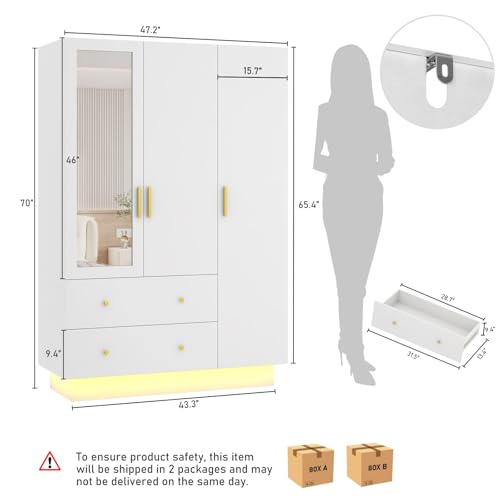 3-Door Wardrobe Closet with Mirror, LED Lights, and Storage Drawers