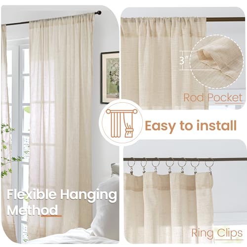 Light Filtering Burlap Linen Kitchen Curtains - 36 Inch, 2 Panels Set