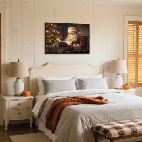 Santa Reading by Christmas Tree canvas wall art 8x12 with black aluminum frame