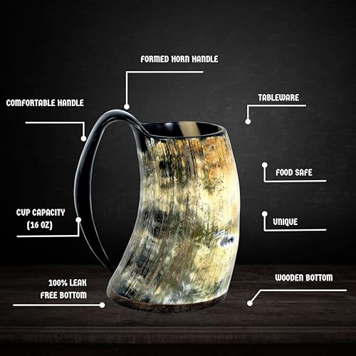 Handcrafted 16 oz Ox Horn Drinking Mug with Shot Glass and Bottle Opener