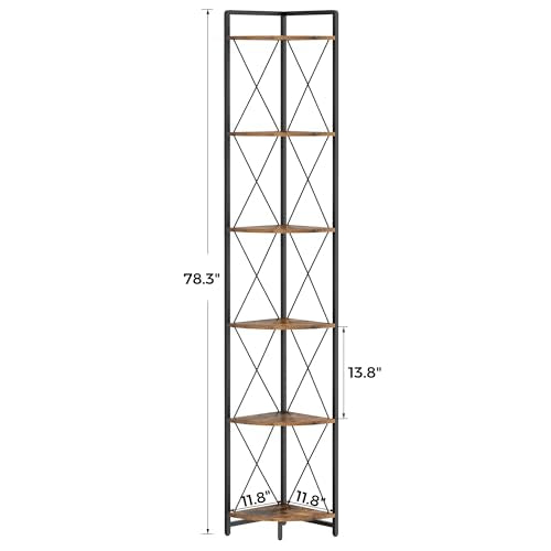 6-Tier Tall Corner Bookshelf, 78-Inch Industrial Metal Storage Display Stand