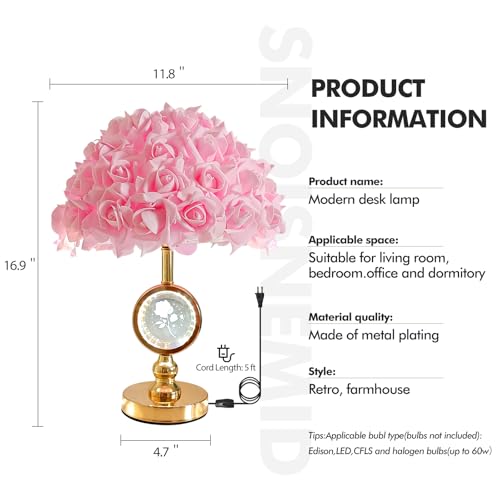 Pink Rose Flower Lamp with Crystal Ball - Modern Bedside Table Light for Girl Bedroom Decor