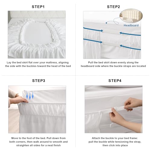 Queen Wrap-Around Bed Skirt with Elastic Strap - 16 Inch Drop Ruffle White