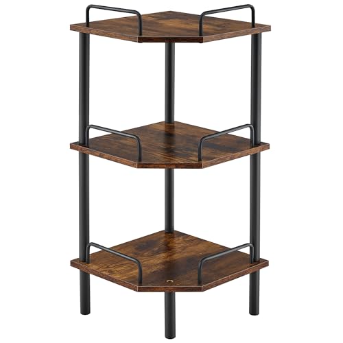3-Tier Industrial Corner Shelf, Rustic Brown Standing Storage Unit