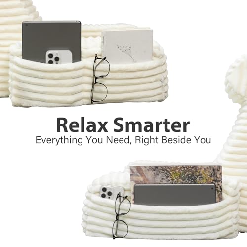 Extra-Large Back Pillow for Bed with Armrests & Pockets - Ivory