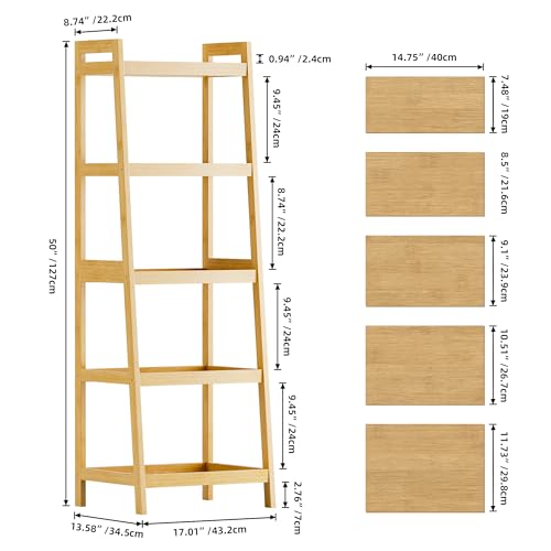 5-Tier Bamboo Ladder Bookcase, Freestanding Storage Shelf & Plant Stand