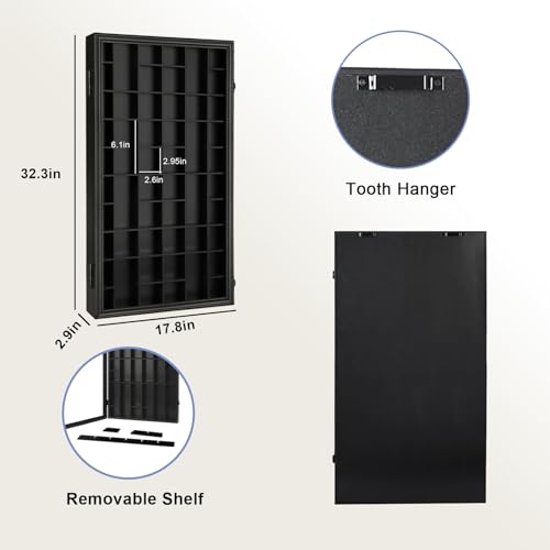 52-Slot Shot Glass Display Case, Wall-Mount Lockable Wooden Cabinet