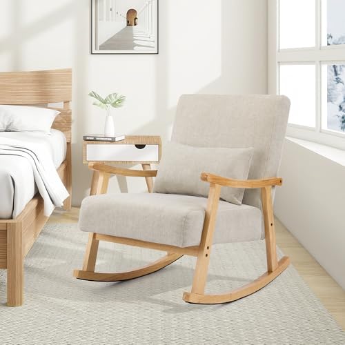 Mid-Century Modern Upholstered Rocking Chair with Lumbar Pillow, Light Gray
