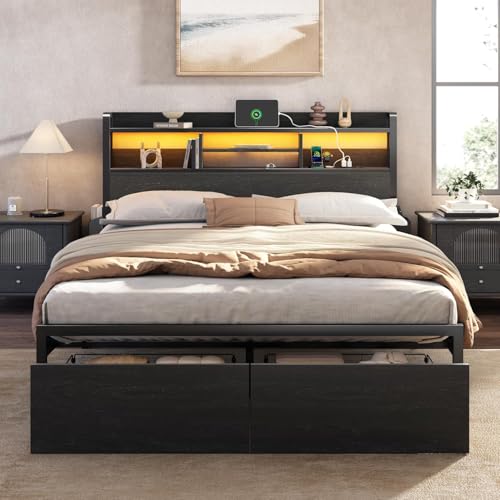 Full Size Metal Platform Bed Frame with LED Headboard, Charging Station & Drawers