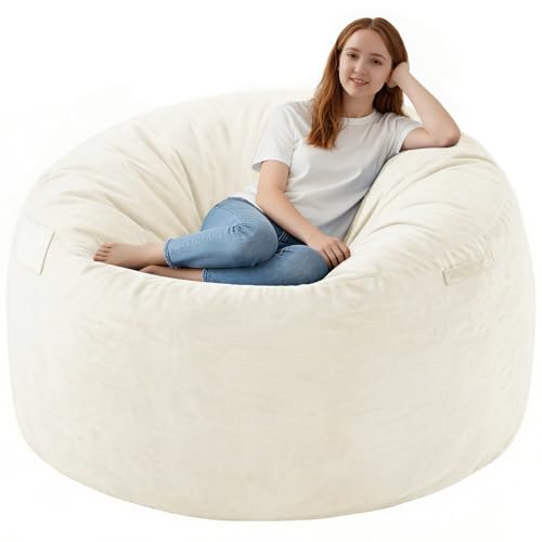 5ft Memory Foam Bean Bag Chair - Large Round Velvet Beanbag Sofa, Beige