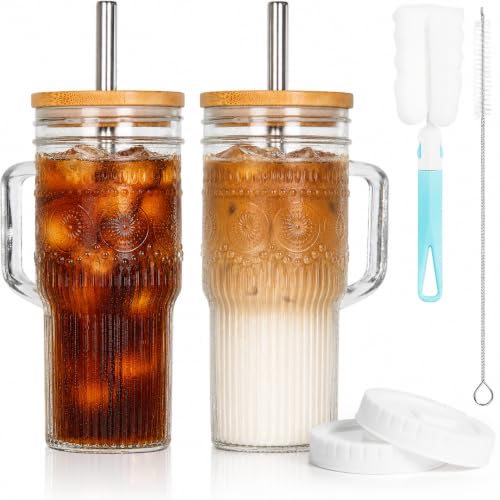 24 oz Glass Tumbler with Handle, Bamboo Lid, and Straw - Boho Iced Coffee Cup