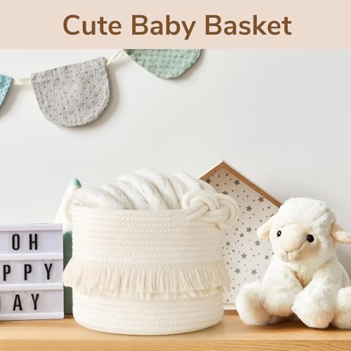 Small Woven Cotton Rope Basket with Tassels - 9.5" Nursery Storage Bin