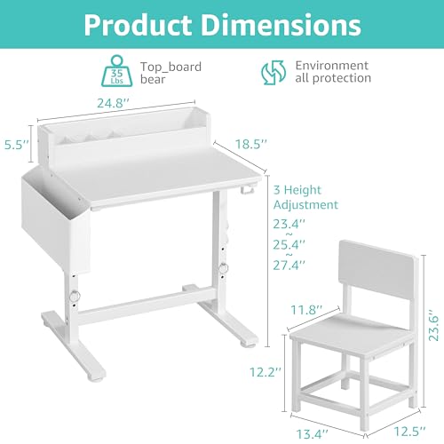 Height Adjustable Kids Desk and Chair Set with Storage for Study and Homework