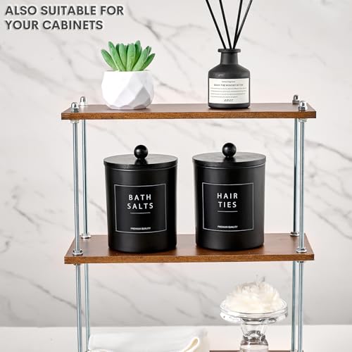 3-Piece Glass Bathroom Canister Set with Bamboo Tray - Black Cotton Holder