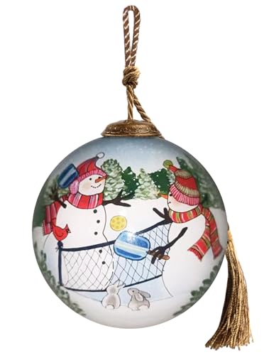 Yellow Snowman Pickleball Ornament – Hand-Painted Glass Christmas Decoration