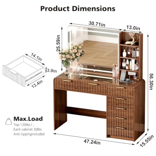 47.2-Inch Makeup Vanity Desk with Lighted Mirror, Charging Station & Drawers