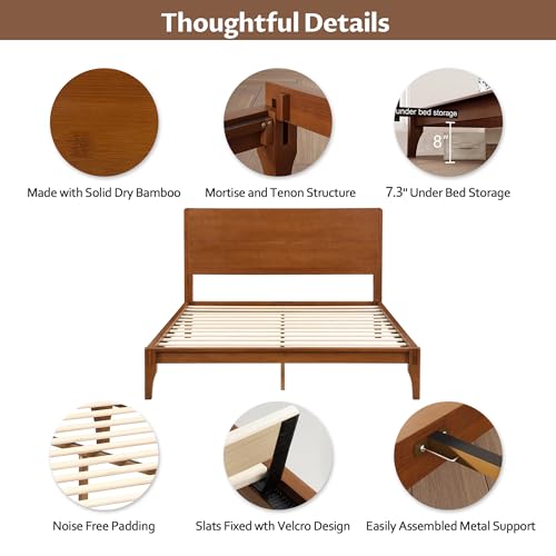 Queen Size Bamboo Platform Bed Frame with Tall Headboard, Noise-Free