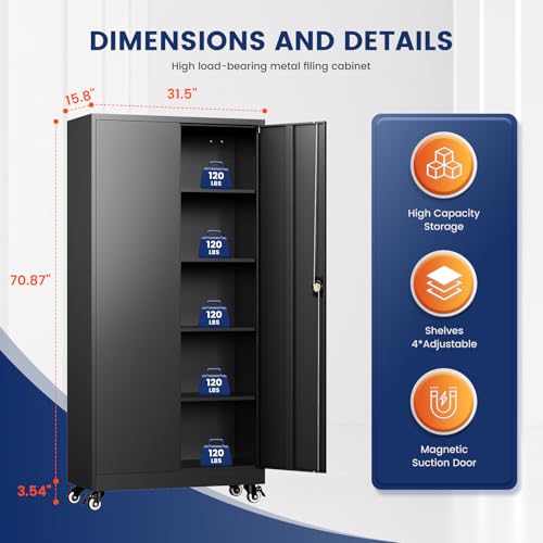 75" Rolling Metal Garage Storage Cabinet with Locking Doors & Adjustable Shelves
