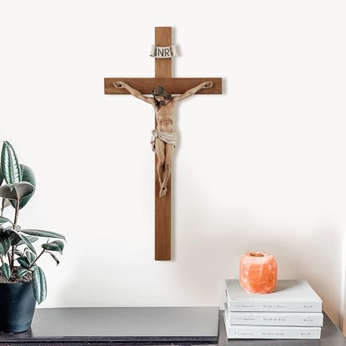 14-Inch Olive Wood Wall Crucifix - Handcrafted Catholic Religious Decor