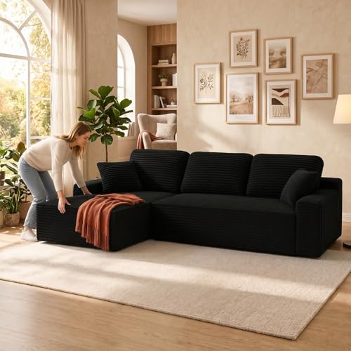 119-Inch Modular Sectional Couch, Corduroy L-Shaped Sofa with Left Chaise