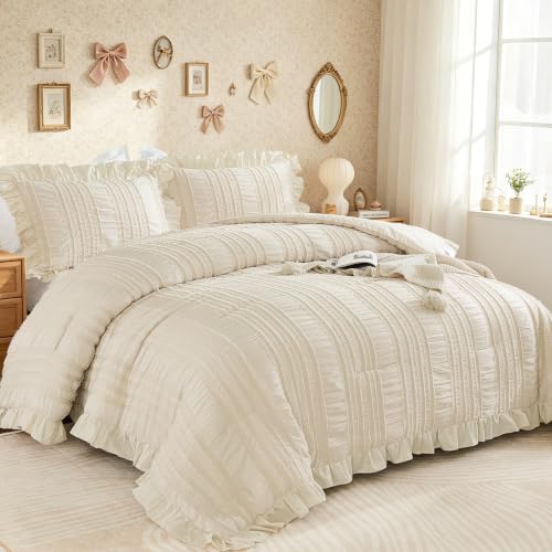Boho Beige Seersucker Queen Comforter Set with Ruffles