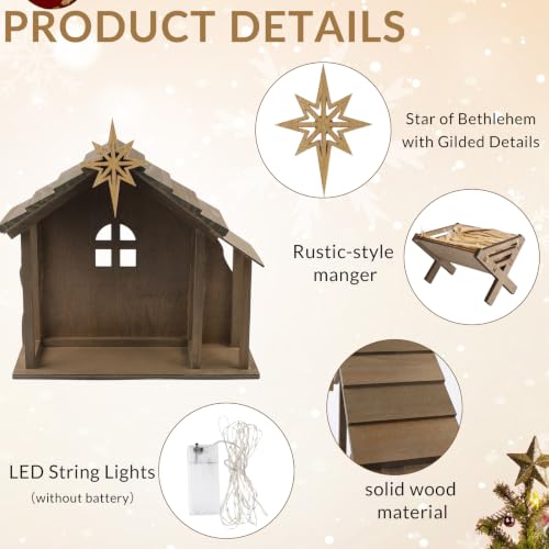 Fangoo 12'' Wooden Nativity Scene Stable with Roof Star & String Lights