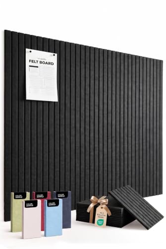 Acoustic Felt Wall Panels - 12-Pack Slatted Bulletin Board Tiles, Black