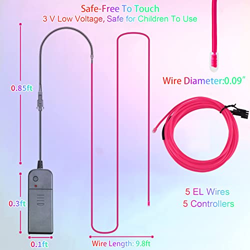 5-Pack 9.8ft EL Wire Neon Glow Rope Lights, Battery Powered for DIY Decor