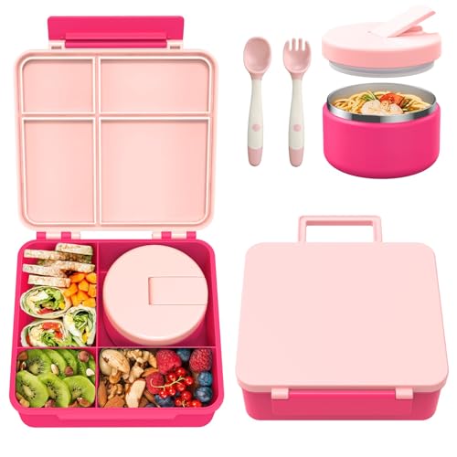 Pawtong Kids Bento Lunch Box with 8oz Soup Thermo and 4 Compartments - Pink