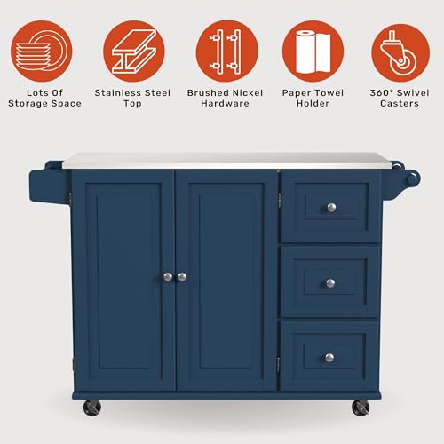 Mobile Kitchen Island Cart with Stainless Steel Top & Storage, Blue
