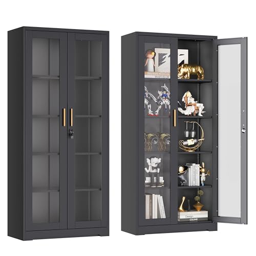 Lockable Metal Display Cabinet with Glass Doors and 4 Adjustable Shelves