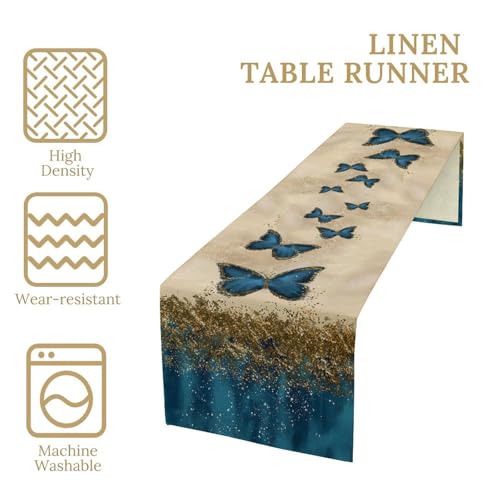 SENRUEGT Butterfly Table Runner Gold Blue 36x13 inch - Dreamy Spring Farmhouse Decor