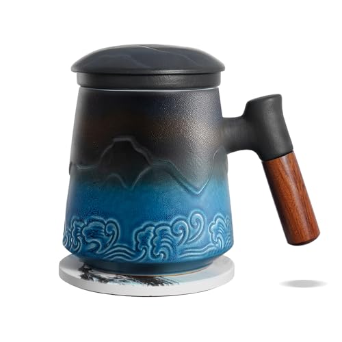 ZENS 15.2oz Blue Tea Cup with Infuser, Lid & Coaster - Handcrafted Ceramic