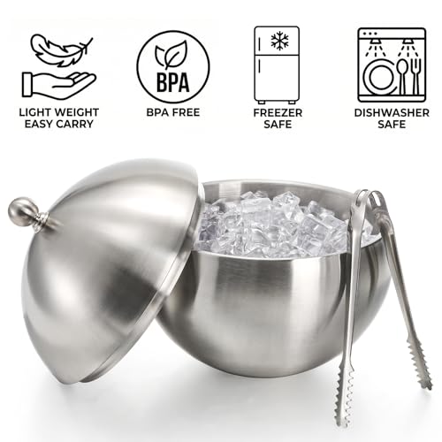 Yesland 2L Stainless Steel Double Wall Insulated Ice Bucket with Lid & Tongs - Spherical Wine & Champagne Chiller for Home Bar & Parties