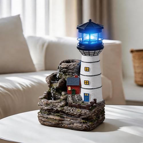 Coastal Lighthouse Tabletop Water Fountain with Blue LED Light