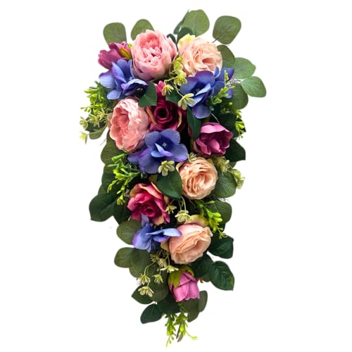 24-Inch Pre-Lit Floral Teardrop Swag with Peonies, Roses and LED Lights