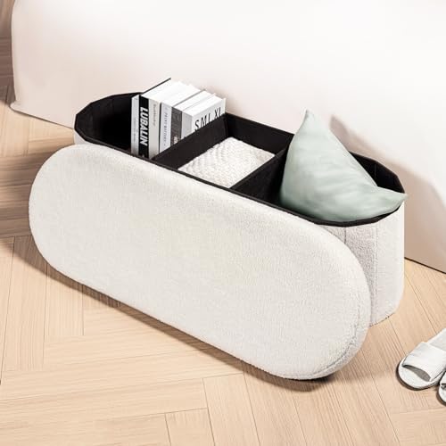43.3-Inch Collapsible Sherpa Storage Ottoman Bench - Cream White