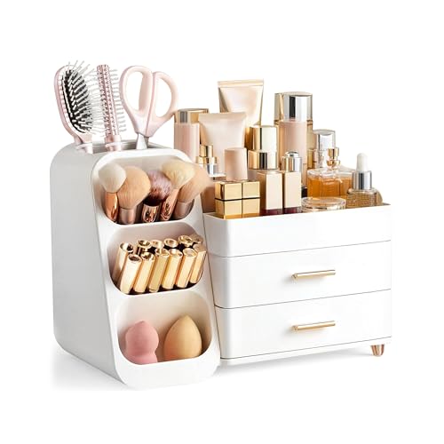 HBlife Large All White Makeup Organizer with Brush Holder - Vanity & Storage