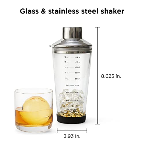 Rabbit 18 oz Glass Cocktail Shaker with Printed Measurements, Stainless Steel Topper & 1.5 oz Jigger Cap, 3.94 x 3.54 x 9.06 inches