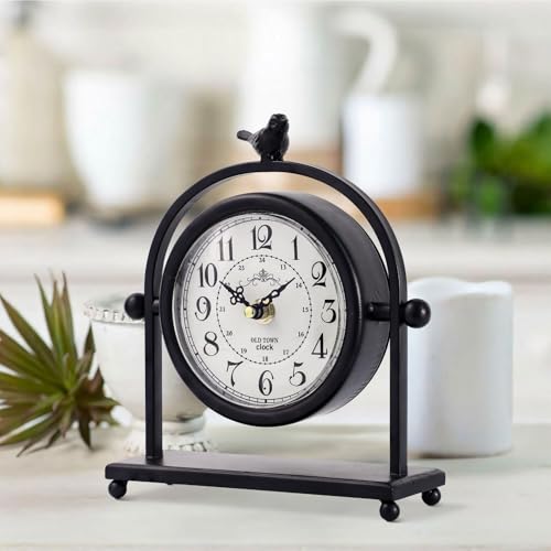 Vintage Farmhouse Table Clock with Bird Topper - Silent Iron Mantel Clock