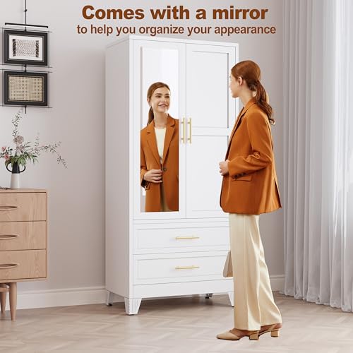 71-Inch Metal Wardrobe Closet with Mirror, 2 Drawers and Adjustable Shelves