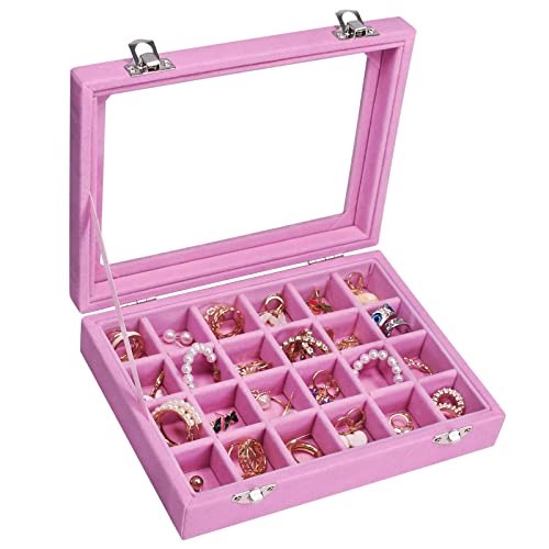 24-Grid Velvet Jewelry Box Display Organizer Tray with Clear Glass Lid (Pink)