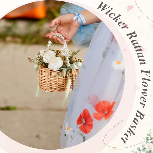 4 Pcs Wicker Flower Girl Baskets with Handles, Pearls and Green Ribbon