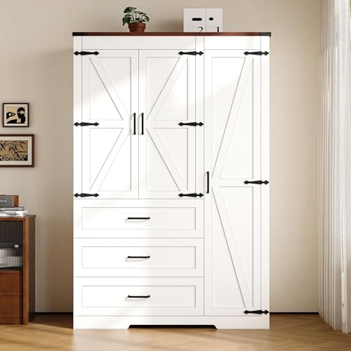 3-Door Bedroom Armoire Wardrobe with Drawers and Adjustable Shelves