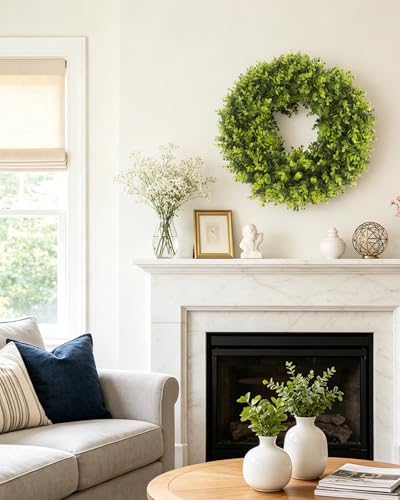 24-Inch Artificial Boxwood Wreath for Front Door - UV-Resistant Greenery