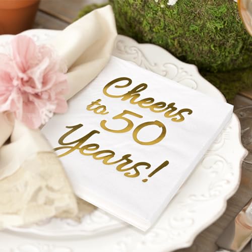 Sllyfo 50th Birthday Party Napkins White & Gold 50 Pack Cheers to 50 Years 5x5"