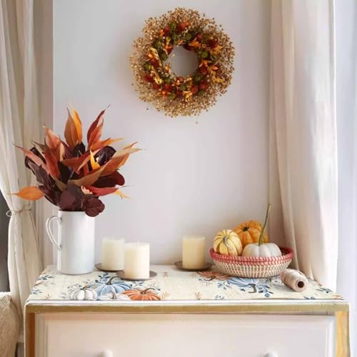 Fall Table Runner 13x36 Inch with Pumpkin Orange & Blue Eucalyptus - Autumn Thanksgiving Decor